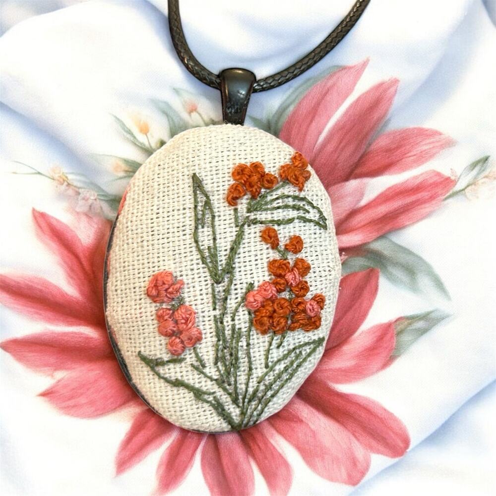 Delicate Maroon Embroidery Necklace Handmade Pendant Jewelry